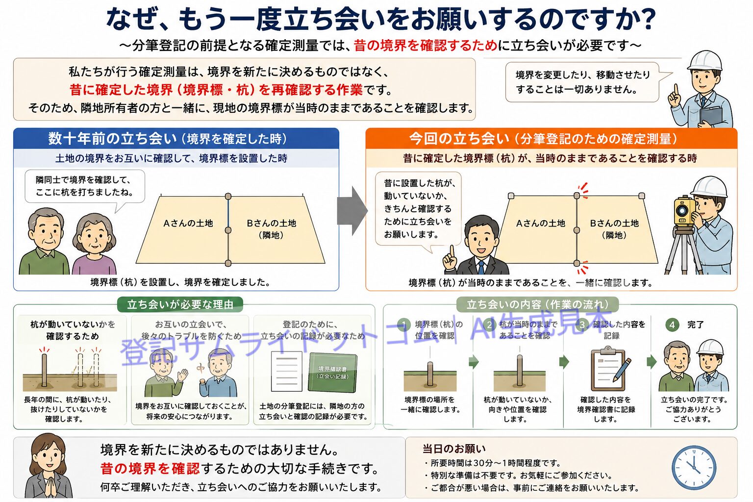 数十年前に立ち会った境界について、分筆登記前提の確定測量でもう一度立会いをお願いする理由を示した説明イラスト