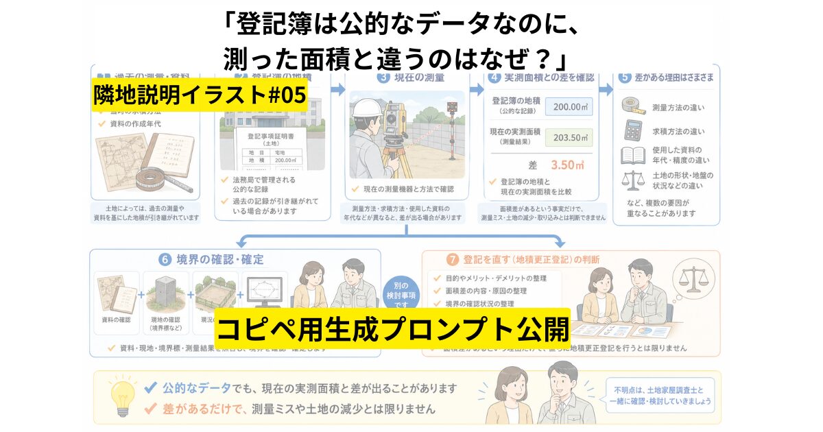 【コピペ可】「登記簿は公的なデータなのに、測った面積と違うのはなぜ？」を図解するAI画像プロンプト