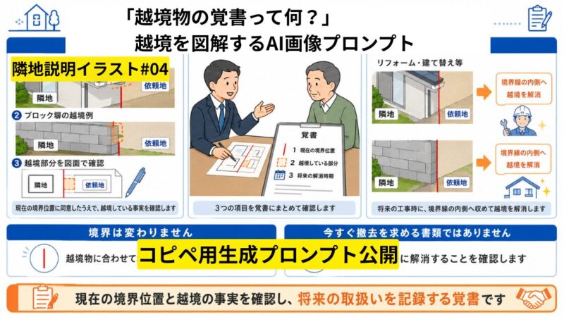 【コピペ可】越境物の覚書って何？境界はどうなるの？｜隣地からの越境を図解するAI画像プロンプト 