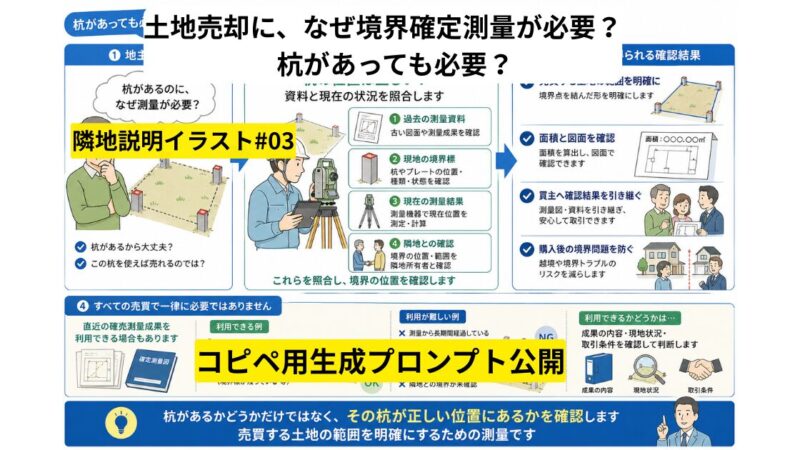 【コピペ可】土地売買で境界確定測量が必要になる理由｜「杭があっても必要？」を図解するAI画像プロンプト 