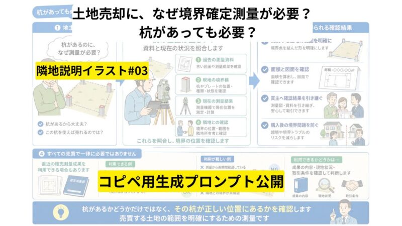 【コピペ可】土地売買で境界確定測量が必要になる理由｜「杭があっても必要？」を図解するAI画像プロンプト 
