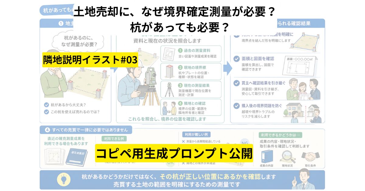 【コピペ可】土地売買で境界確定測量が必要になる理由｜「杭があっても必要？」を図解するAI画像プロンプト