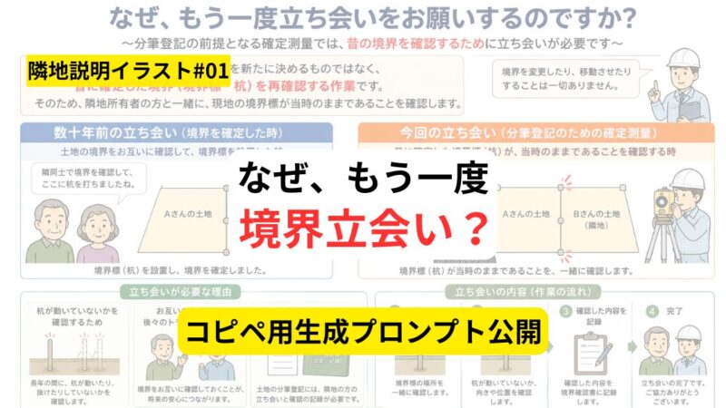 数十年前に立ち会ったのに、なぜまた必要？境界立会いの必要性を伝える説明イラストとプロンプト 