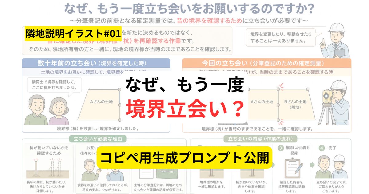 数十年前に立ち会ったのに、なぜまた必要？境界立会いの必要性を伝える説明イラストとプロンプト