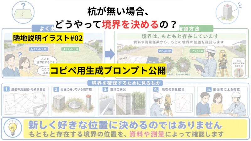 「杭が無い場合、どうやって境界を決めるの？」への説明イラストとコピペ用プロンプト 