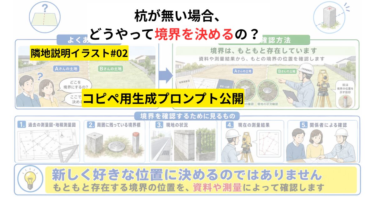 【コピペ可】「杭が無い場合、どうやって境界を決めるの？」を図解するAI画像プロンプト