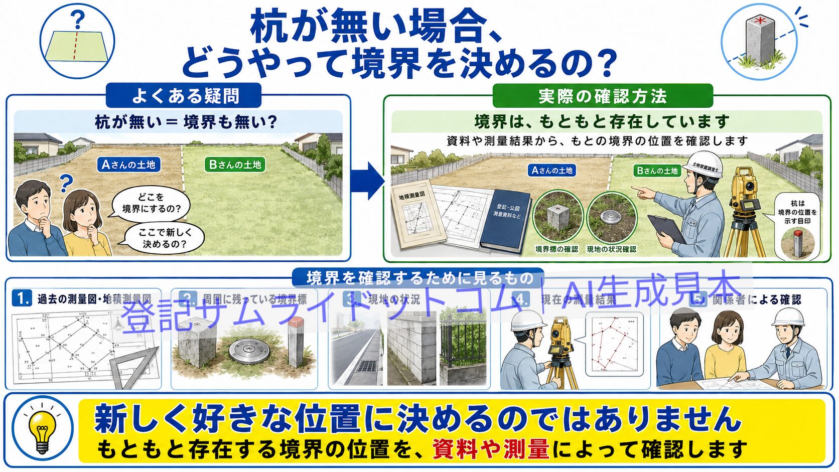 杭が無い場合に、もともと存在する境界の位置を資料や測量結果などから確認することを示した説明イラスト