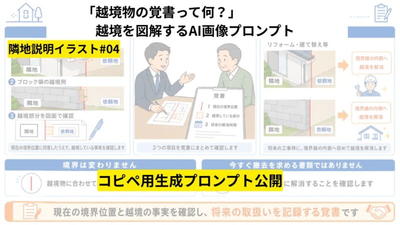 【コピペ可】越境物の覚書って何？境界はどうなるの？｜隣地からの越境を図解するAI画像プロンプト 