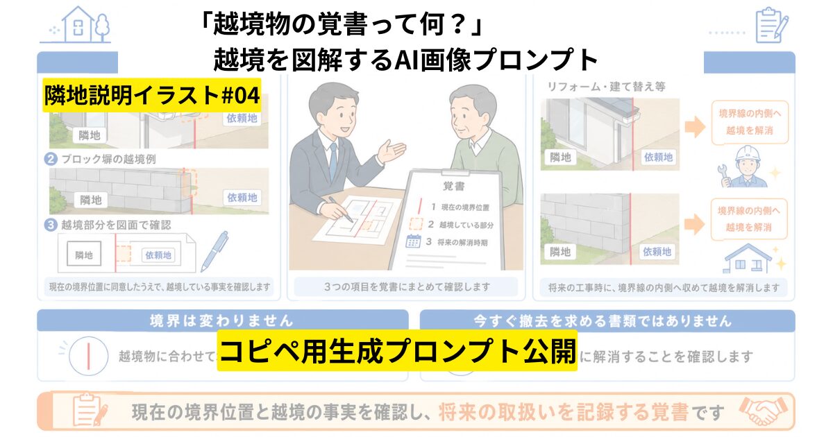 【コピペ可】越境物の覚書って何？境界はどうなるの？｜隣地からの越境を図解するAI画像プロンプト