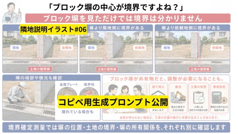 【コピペ可】「ブロック塀の中心が境界ですよね？」を図解するAI画像プロンプト 