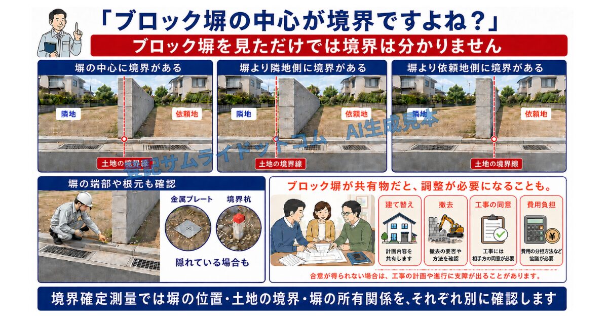 道路側から民地側を見て、ブロック塀の中心・隣地側・依頼地側に境界がある3パターンと、境界標や共有塀の注意点を説明する図